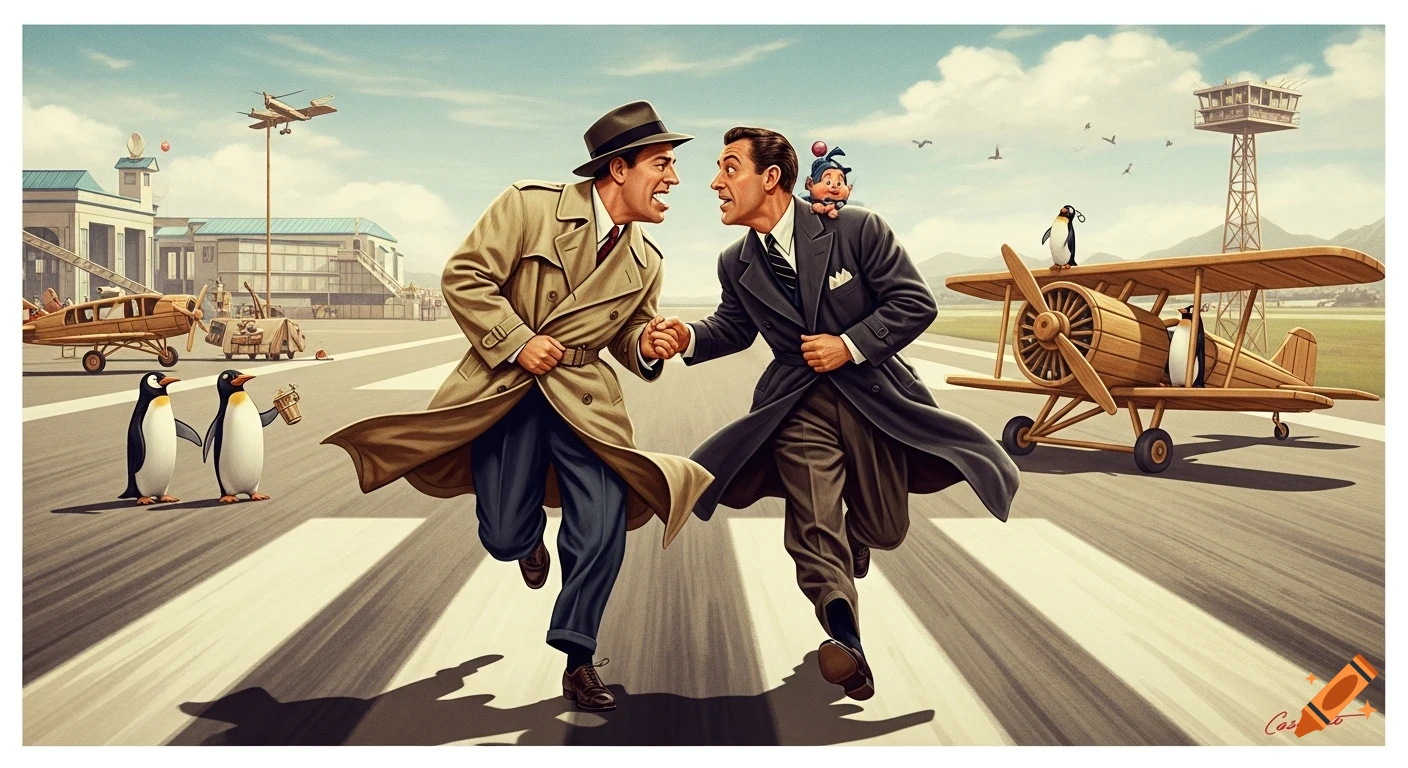 Two men in trench coats run on an airport runway with penguins and biplanes, in a humorous, retro illustration style.
