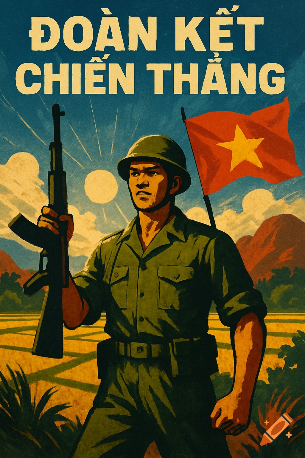 A retro-style Vietnamese propaganda poster features a soldier holding a rifle under a flag, with text "ĐOÀN KẾT CHIẾN THẮNG".