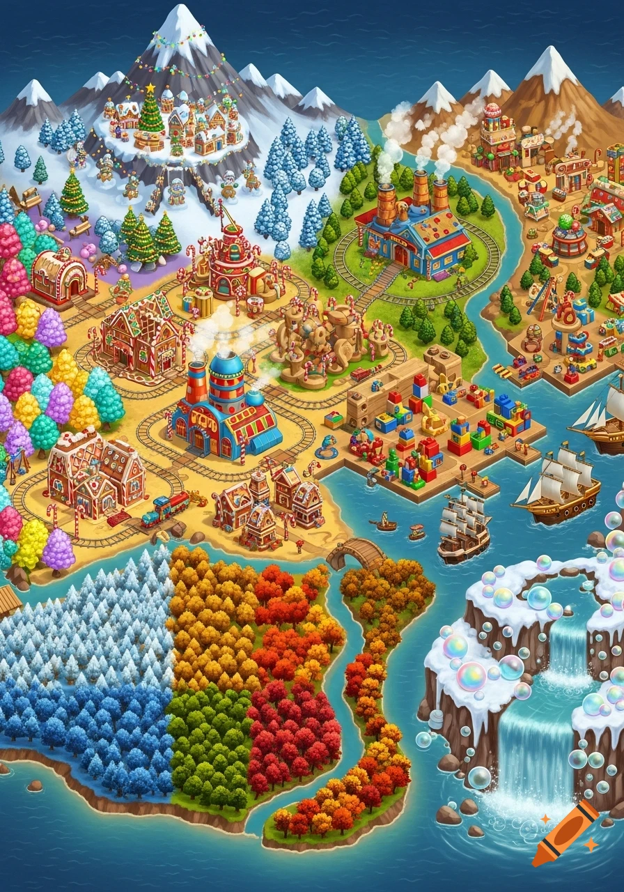 Isometric fantasy map of a colorful land with a snowy mountain Christmas village, gingerbread town, candy forest, toy factory, harbor, four-season forest, and a bubbly soap waterfall.