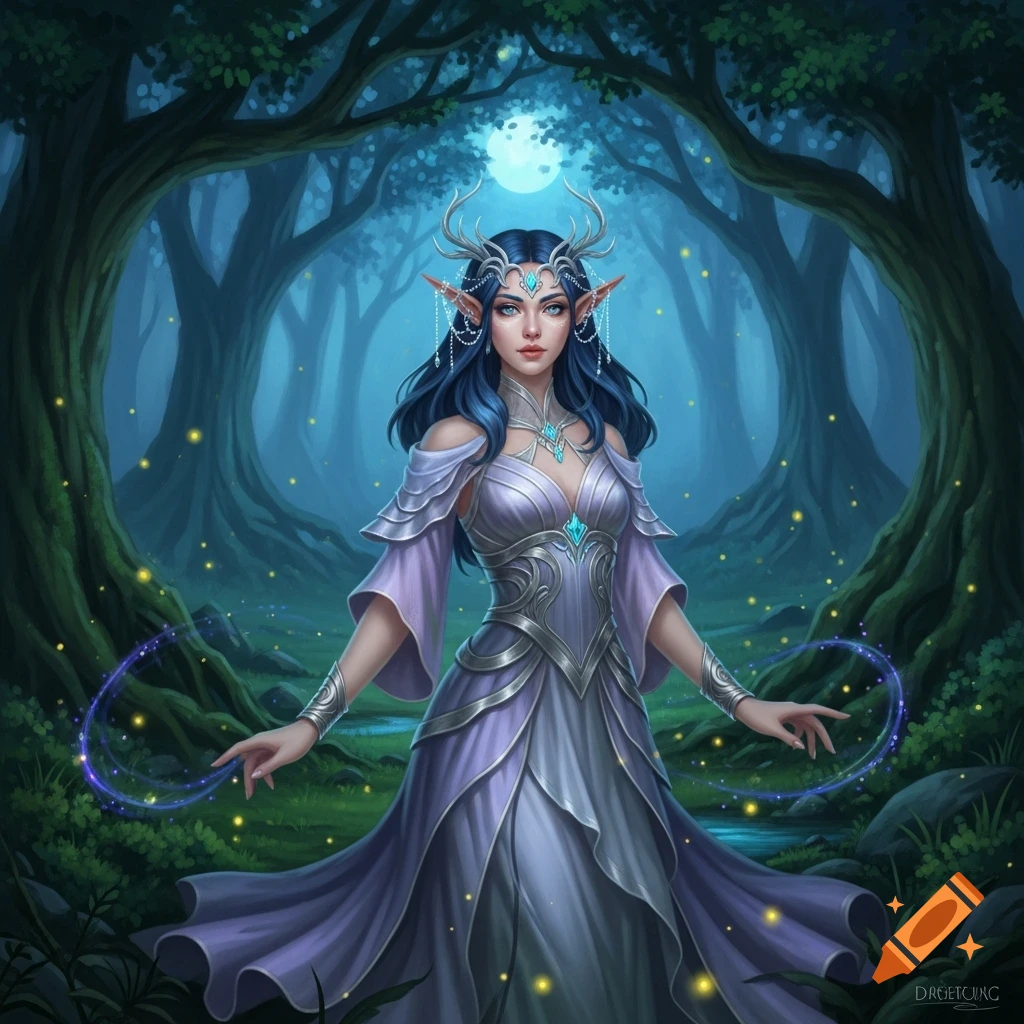 A blue-haired elf girl with antlers and an ornate lavender dress stands in an enchanted forest at night, holding glowing magic.