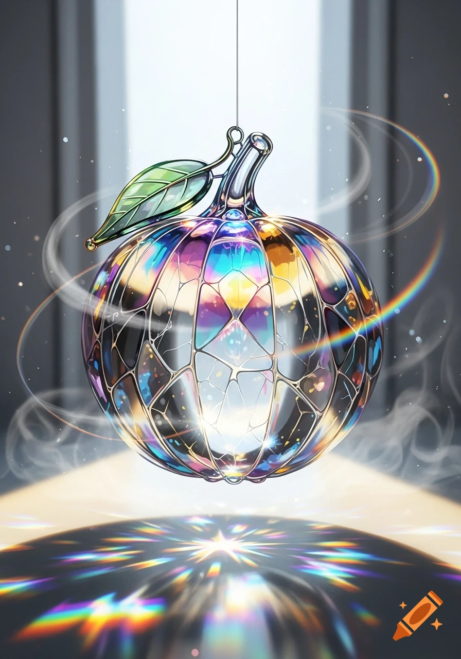 A vibrant, iridescent glass fruit, resembling a pumpkin or apple, with a green leaf, hangs and casts colorful rainbow light patterns below.