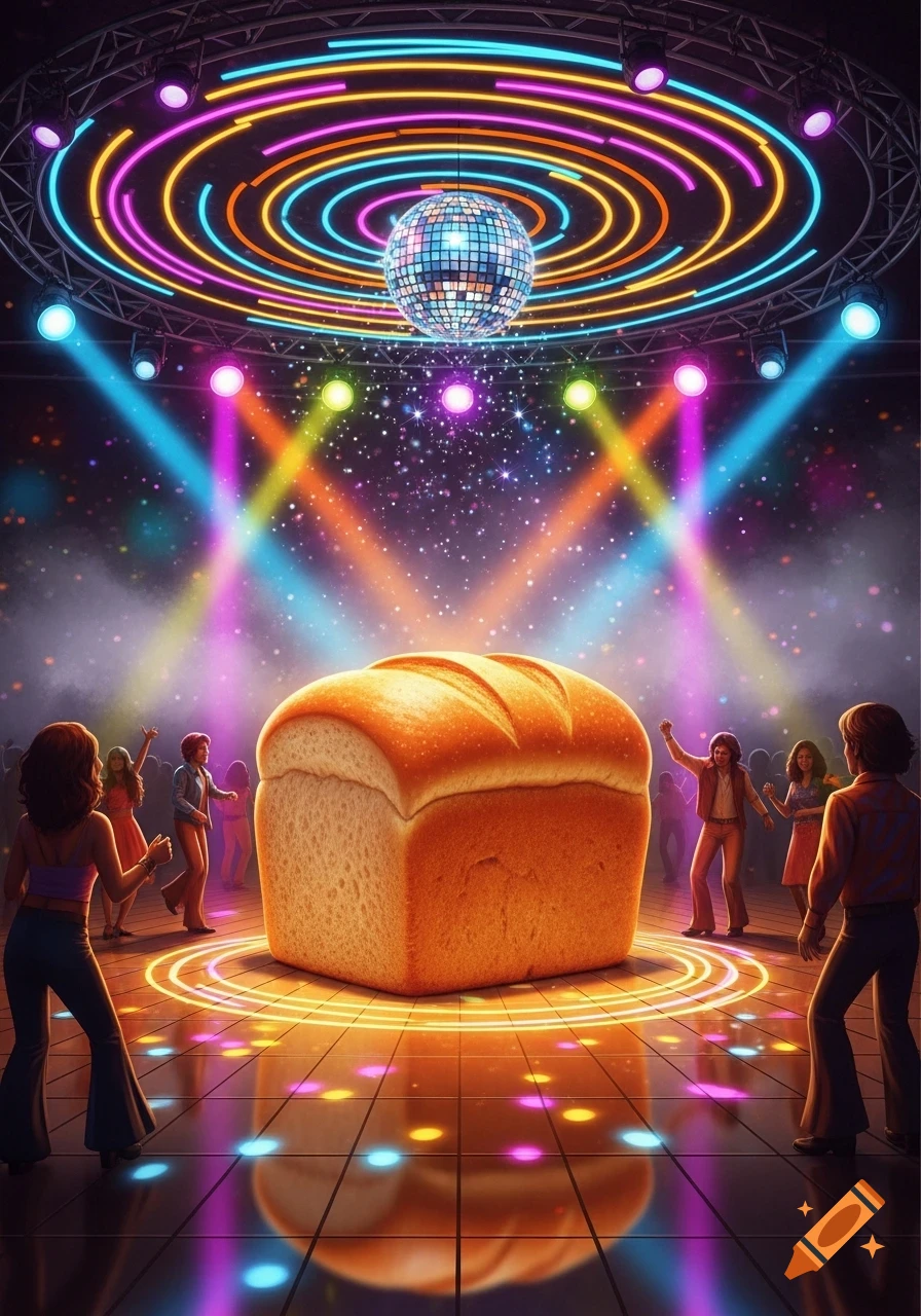 A giant loaf of bread on a vibrant disco dance floor with a mirror ball, neon lights, and dancing people.