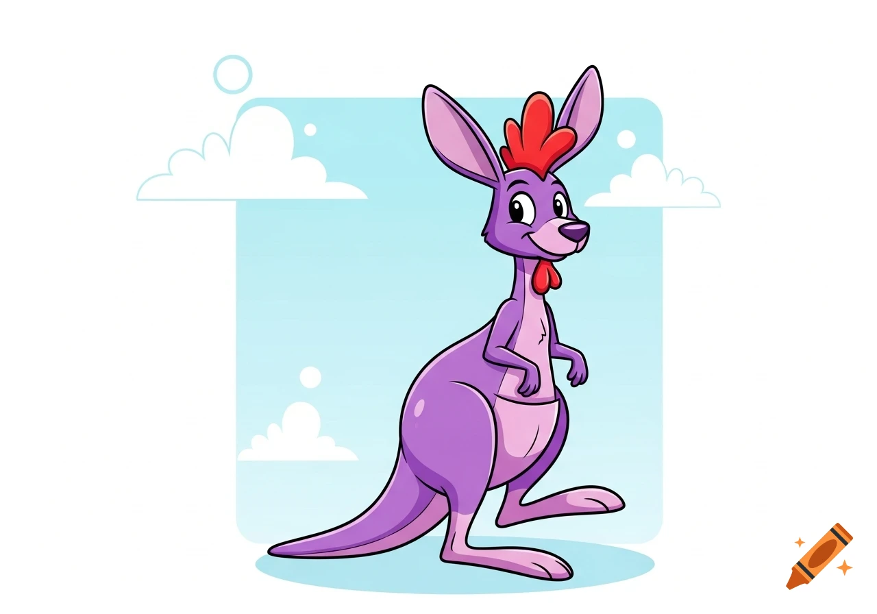 A smiling purple cartoon kangaroo with a red chicken comb on its head, standing against a light blue sky with clouds.