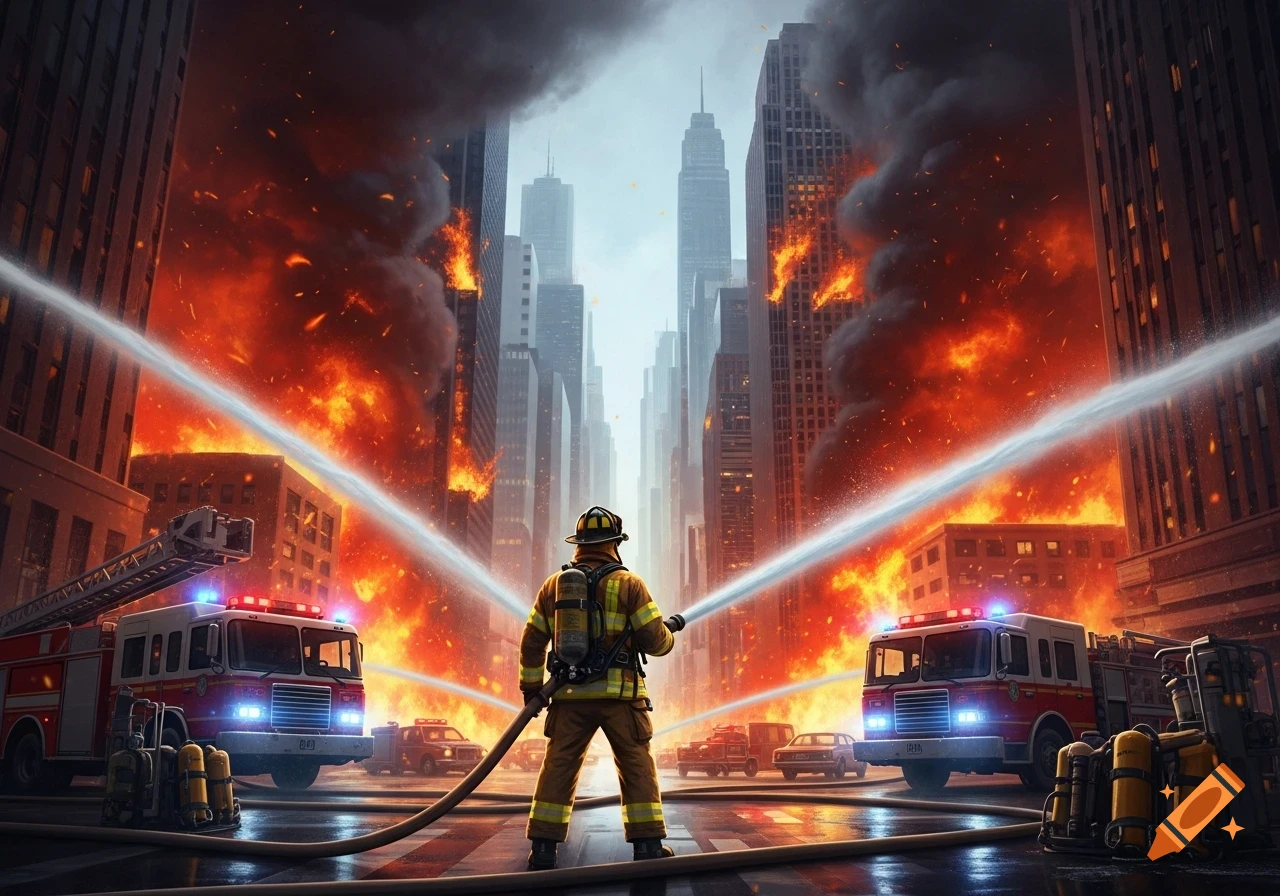 A firefighter in a burning city aims two powerful water streams from a hose, with fire trucks and blazing buildings in the background.