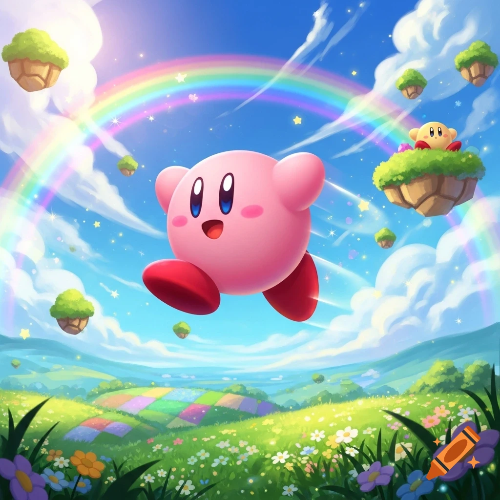 Kirby floats happily over a vibrant, colorful landscape with a rainbow, floating islands, and a checkered field under a blue sky.