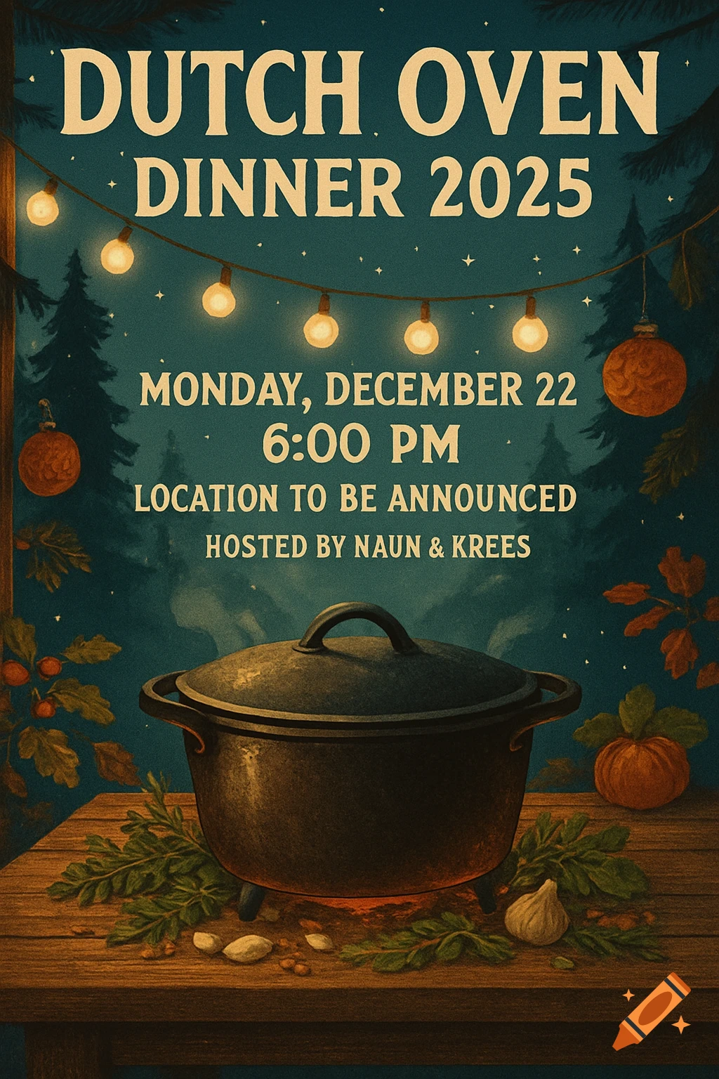 A rustic-style poster for a Dutch Oven Dinner 2025, featuring a cast iron pot on a wooden table with string lights and trees in the background.