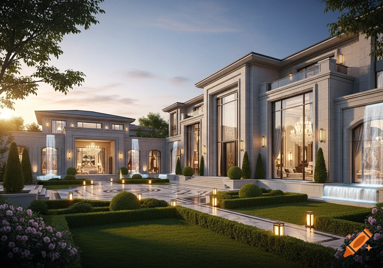 Photorealistic rendering of a grand, luxurious mansion with extensive landscaping, a paved courtyard, and decorative waterfalls at sunset.
