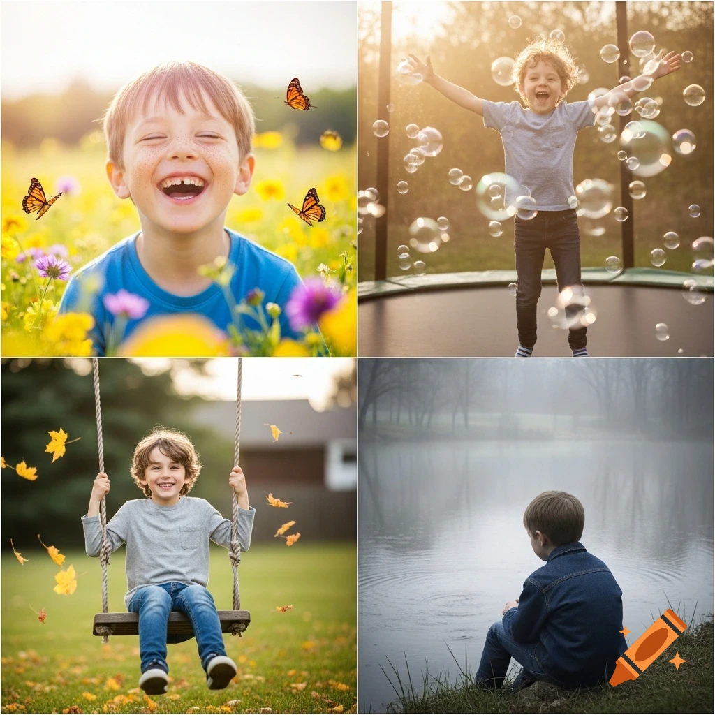 Four-panel grid: happy boy in flowers with butterflies, happy boy jumping on a trampoline, happy boy on a swing, sad boy by a misty lake.