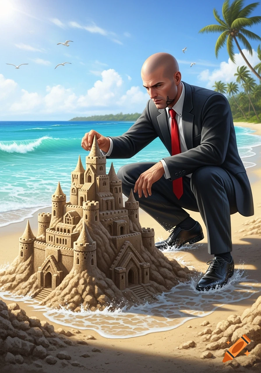 Agent 47, a bald man in a suit, meticulously builds an elaborate sandcastle on a sunny tropical beach with palm trees and ocean waves.