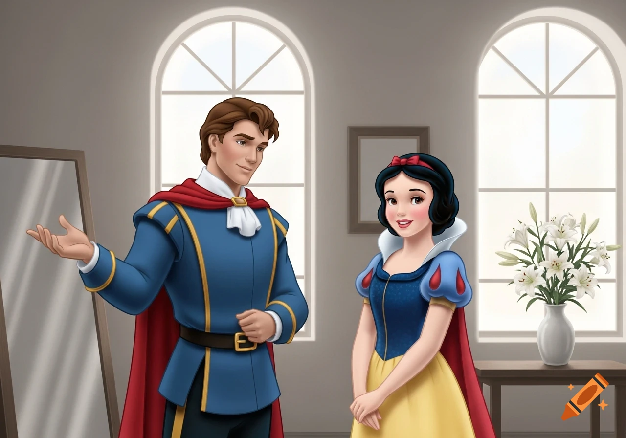 Animated Prince Charming gestures to Snow White, standing in a room with arched windows and a vase of white lilies.