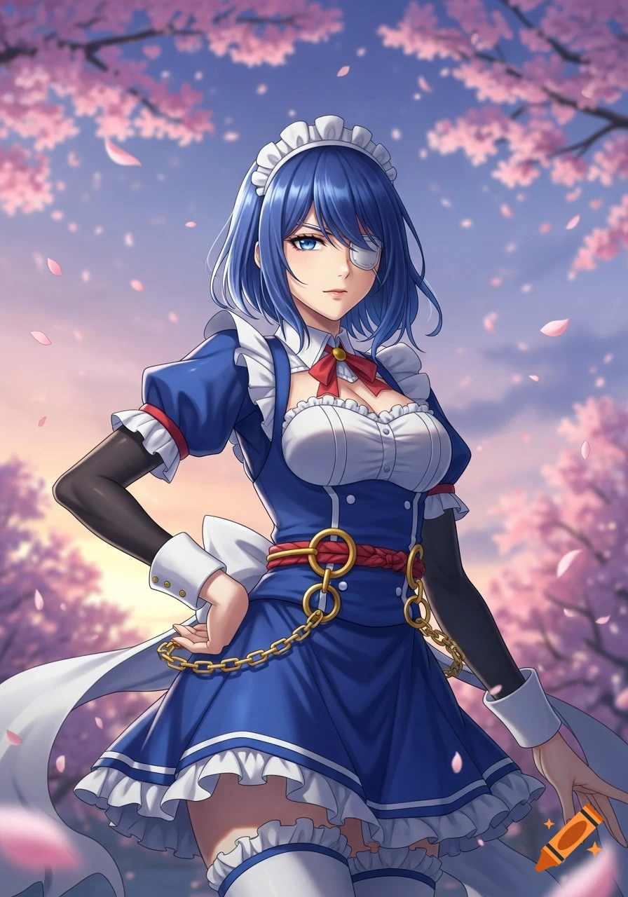 An anime girl with blue hair and an eye patch wears a blue maid dress with white ruffles, standing among falling cherry blossoms.