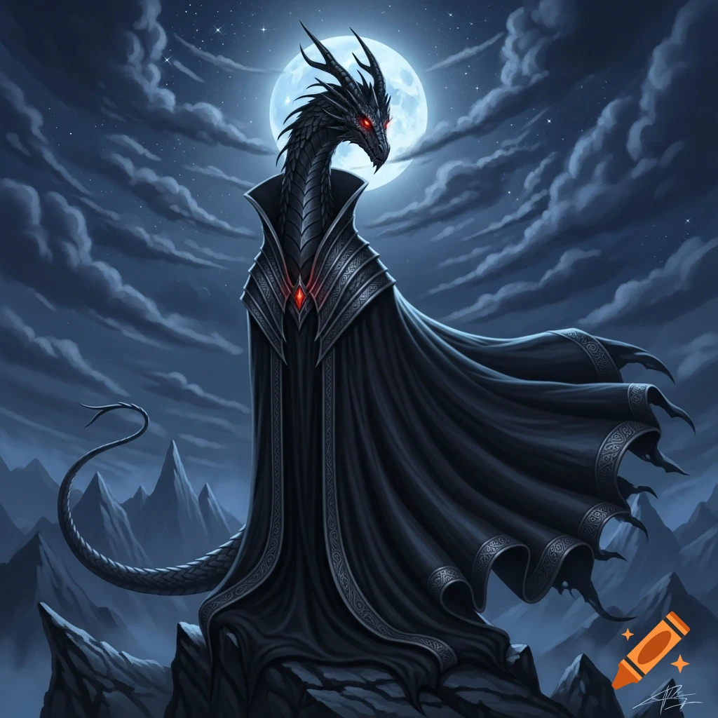 Thin black dragon with red eyes in a dark, patterned cloak on a rocky ...