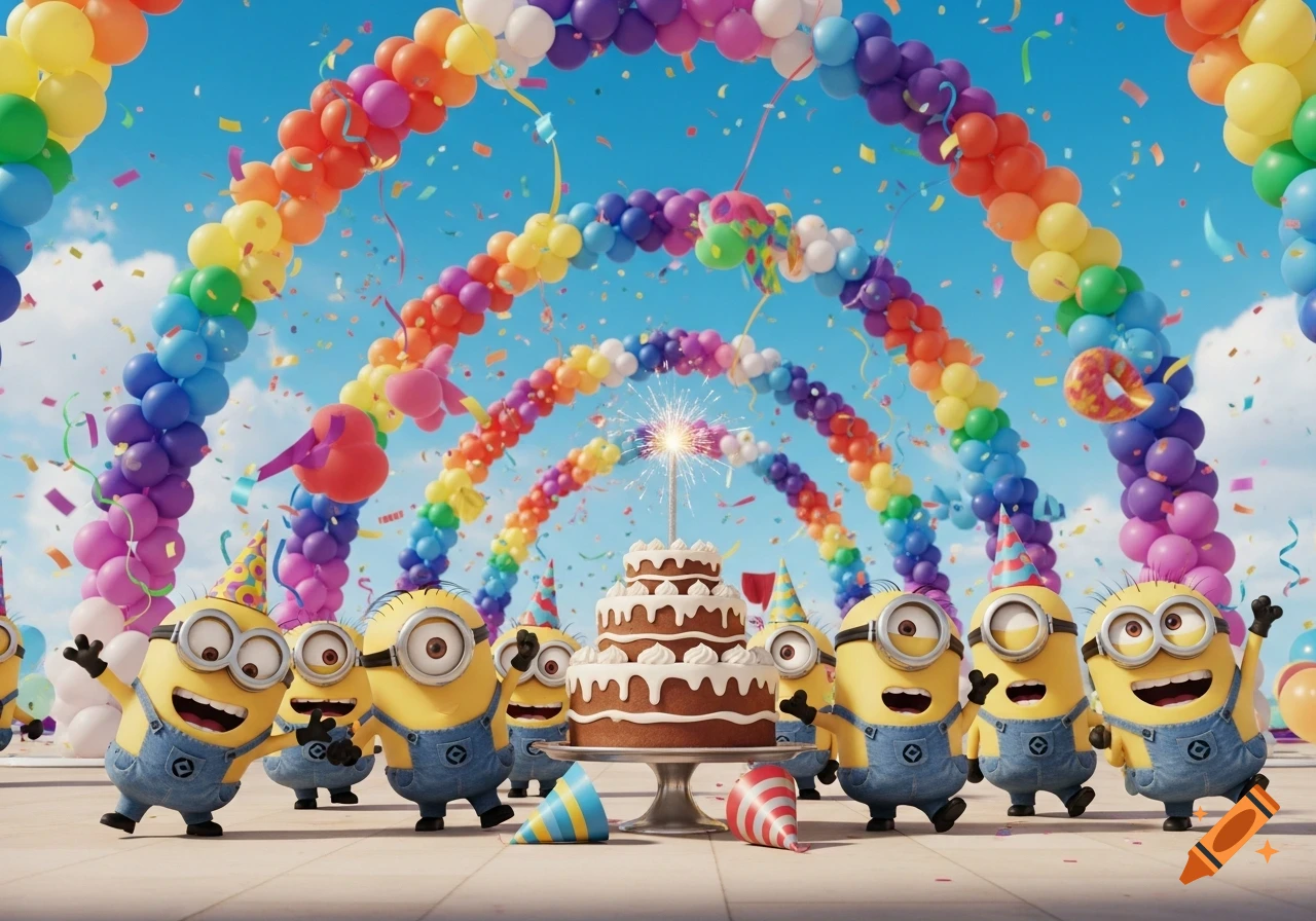 A group of cheerful Minions in party hats celebrating a birthday around a tiered chocolate cake with a sparkler, surrounded by rainbow balloon arches and falling confetti.