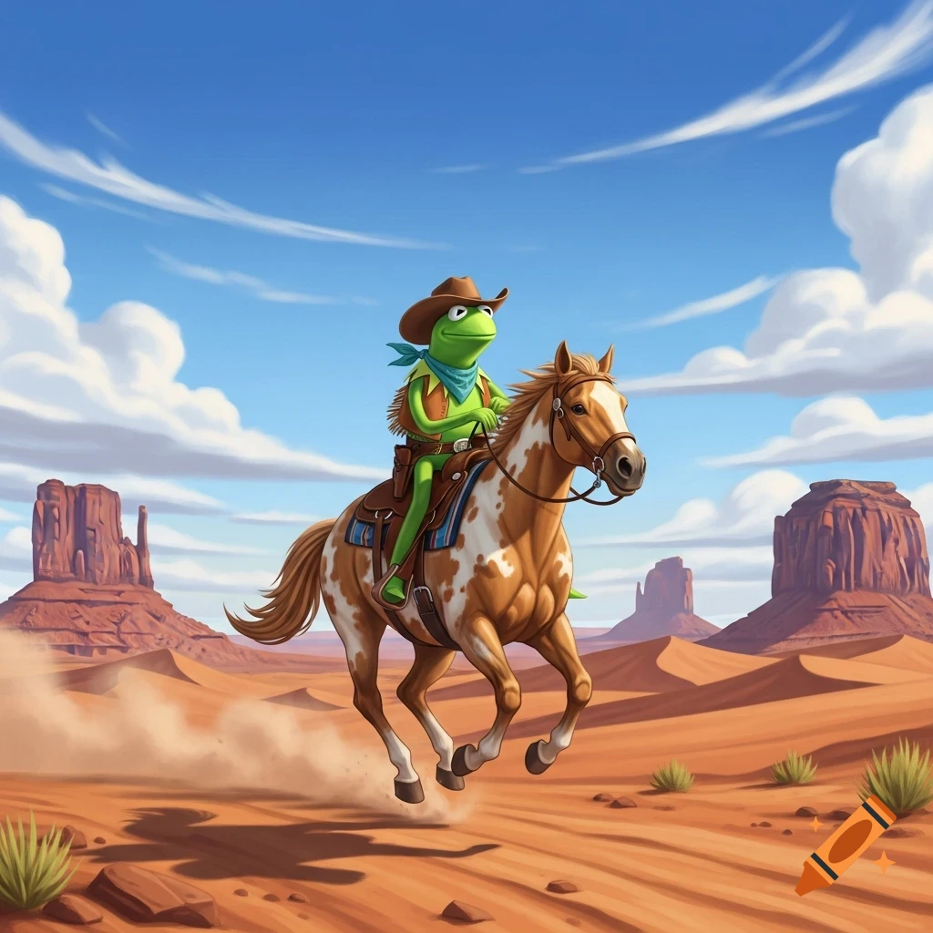 Kermit the Frog as a cowboy riding a pinto horse through a dusty desert with mesas under a blue sky, cartoon style.