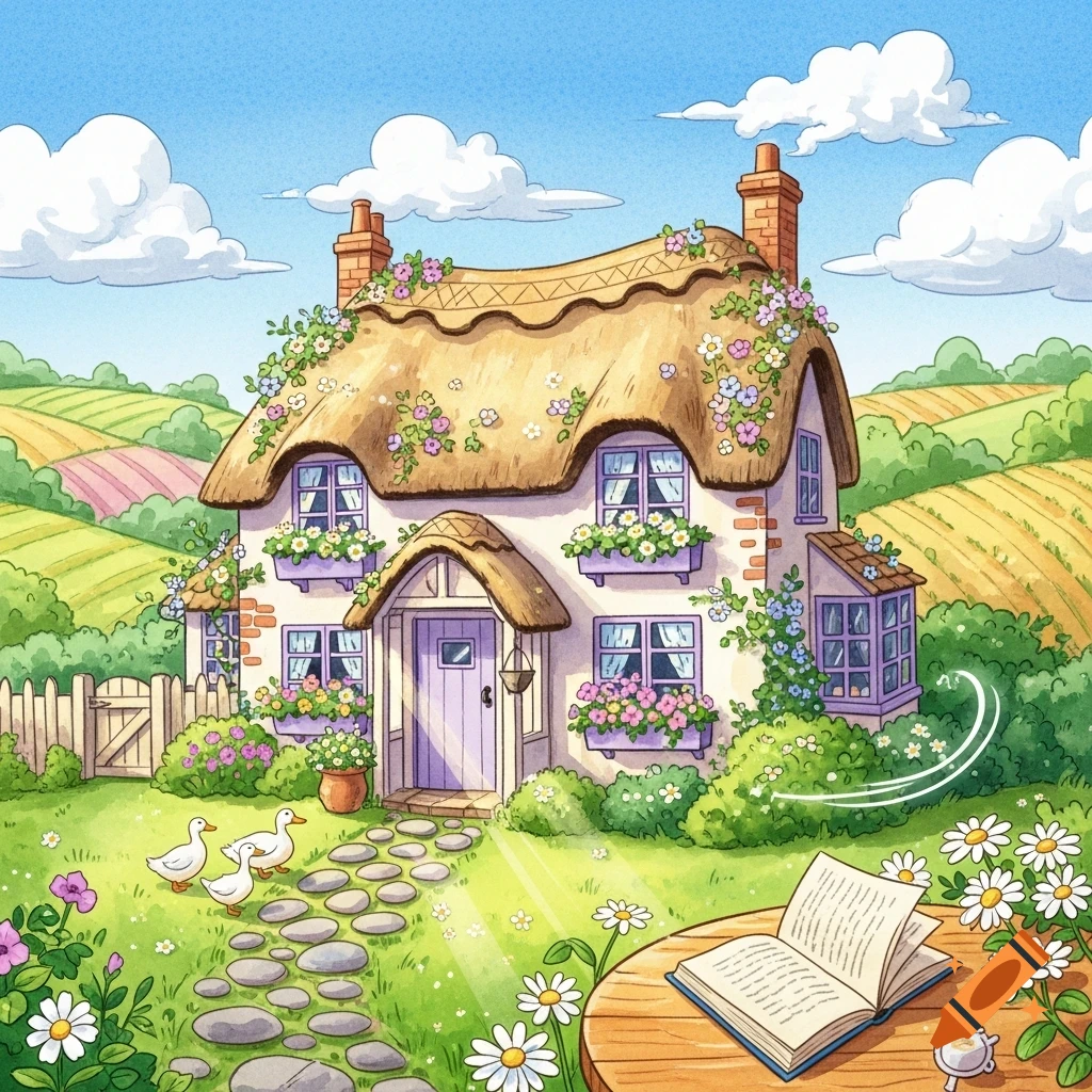 Whimsical watercolor illustration of a thatched-roof cottage with flowers, ducks, and an open book on a table in a sunny country landscape.