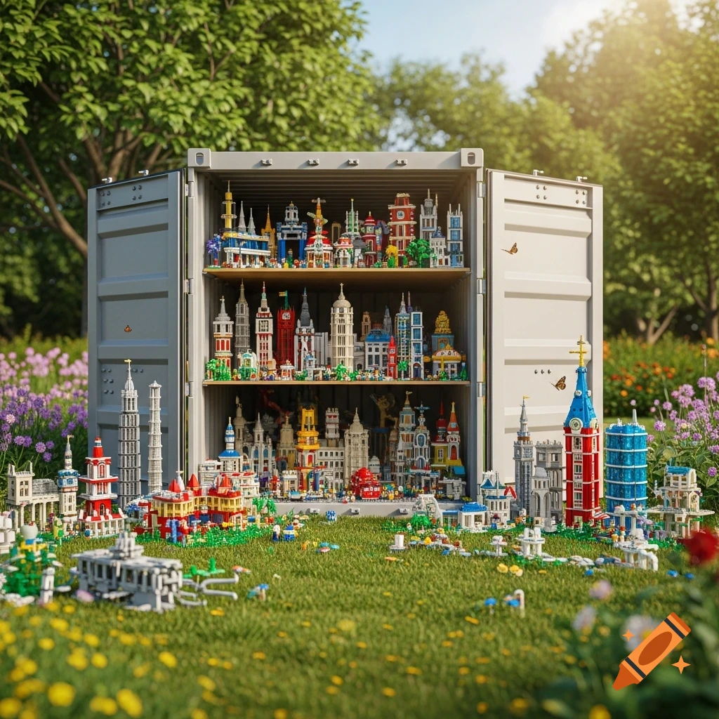 Colorful Lego city models displayed in an open shipping container and scattered across a lush green garden.