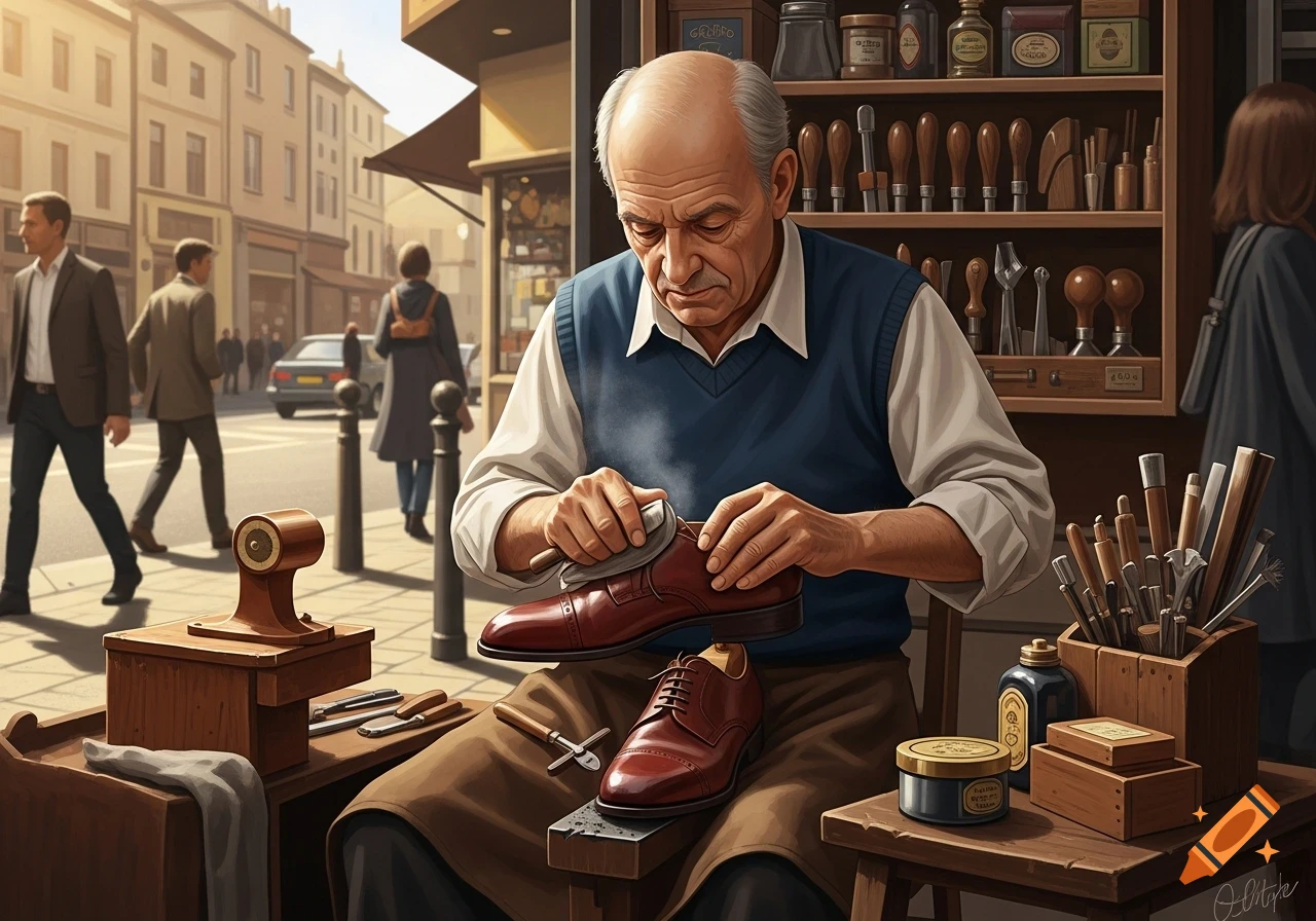 An old man in a blue vest shines a brown leather shoe with a cloth on a busy city street, surrounded by shoemaking tools.