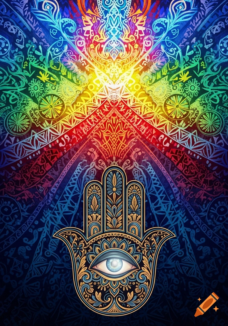 Vibrant rainbow-colored mandala background with an intricately detailed golden Hamsa hand featuring an eye in the center.