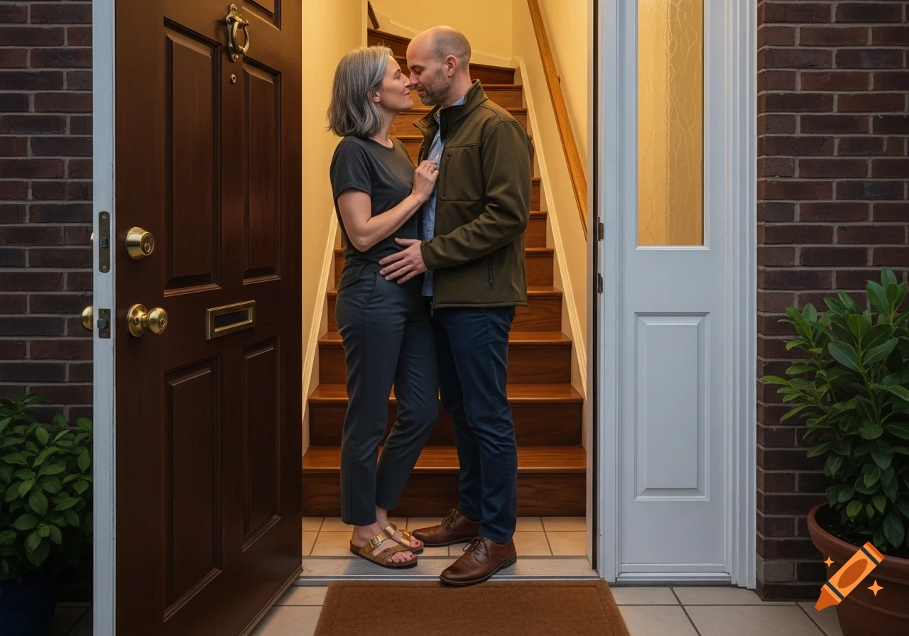 A couple stands intimately in a home doorway, about to kiss, with stairs behind them. Photorealistic style.