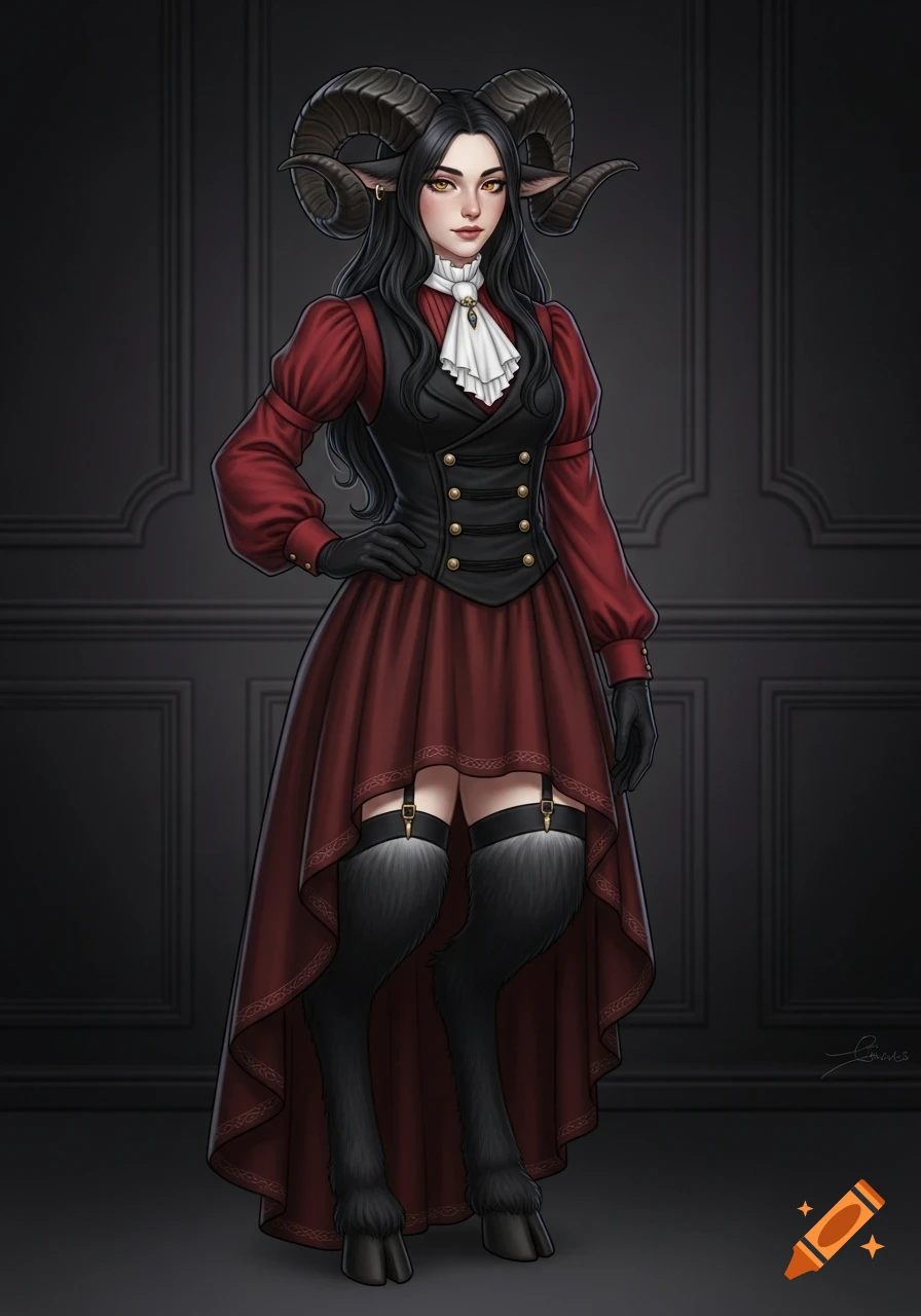 Semi-realistic portrait of a confident female satyr with ram horns, black hair, and golden eyes, wearing a wine red Victorian blouse, black vest, skirt, and thigh-high stockings against a dark studio background.