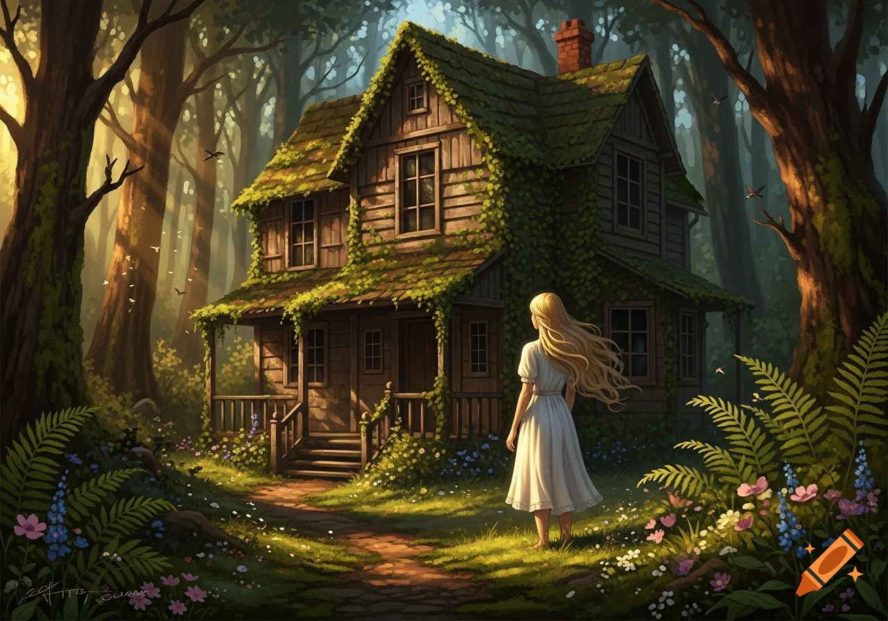 A blonde girl in a white dress stands on a path looking at an old moss-covered wooden house deep in a sunlit fantasy forest.