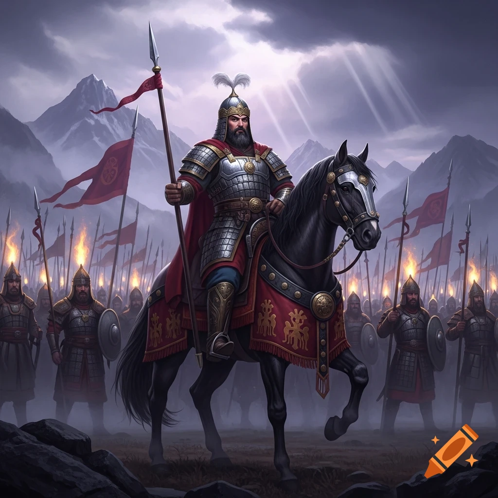 A fantasy warrior in ornate armor on a black horse leads an army with ...