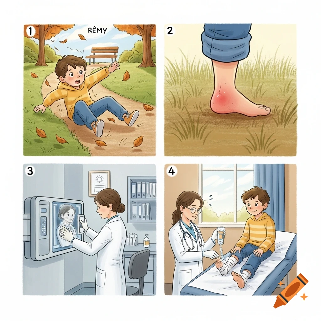 Four-panel illustration of a boy falling, his swollen ankle, a doctor taking X-rays, and finally applying a bandage.
