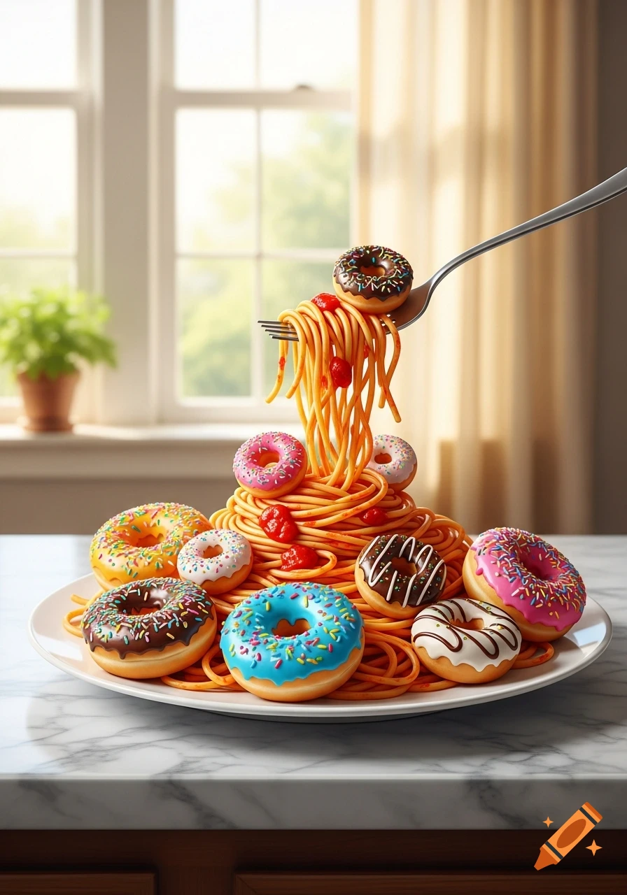 A photorealistic plate of spaghetti topped with colorful frosted donuts, with a fork lifting some pasta and a donut.