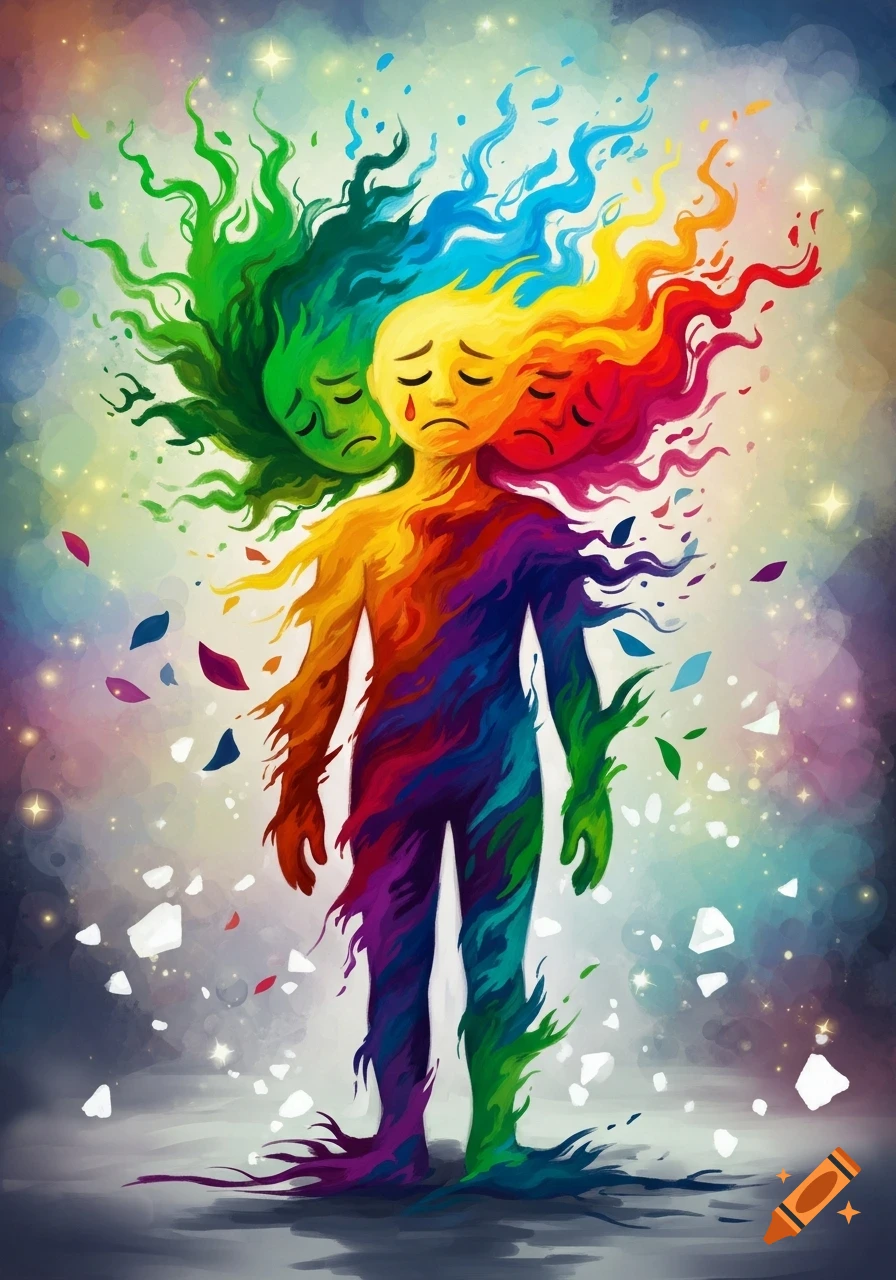 Humanoid figure made of swirling rainbow colors, with multiple crying faces, dissolving into particles in a painterly style.
