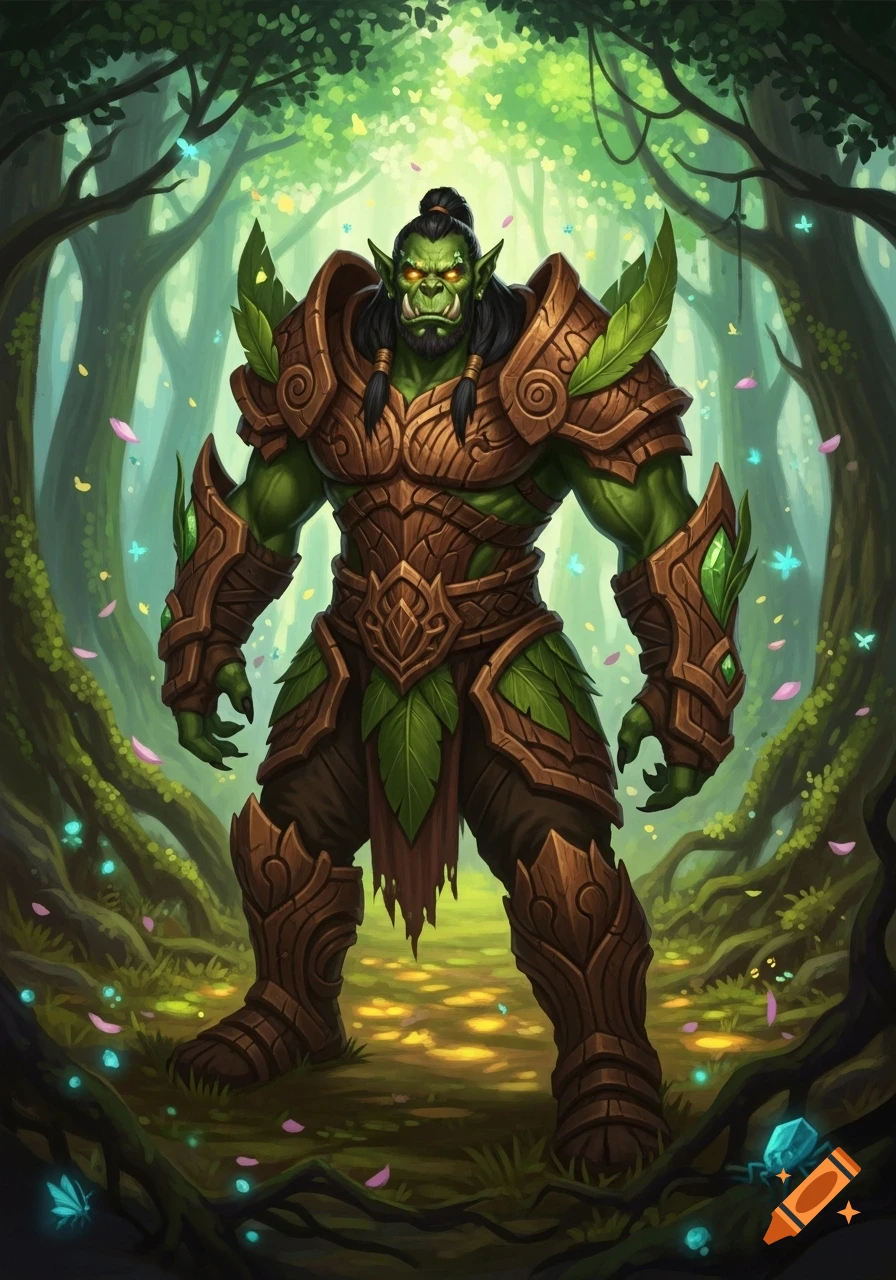Green-skinned orc warrior in intricate wood and leaf armor stands in a vibrant fantasy forest.