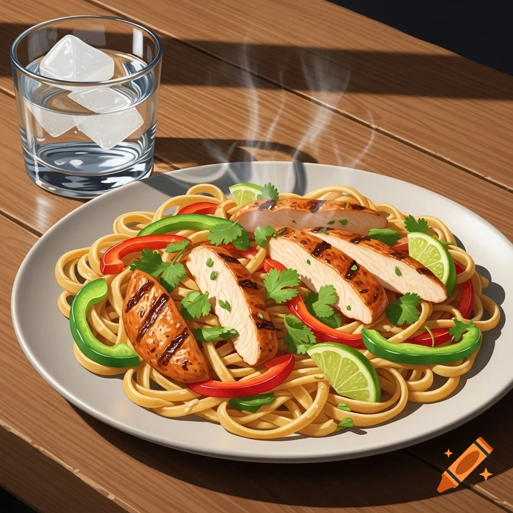 Plate of grilled chicken pasta with bell peppers and lime on a wooden table, with a glass of ice water, in an illustrative style.