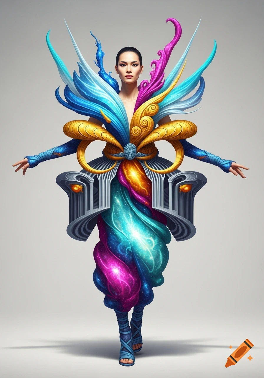 Elegant model in an abstract, vibrant high-fashion outfit inspired by cosmic nebulae in blue, gold, and magenta.