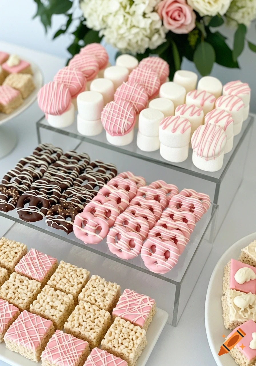 A tiered dessert table with pink and chocolate-dipped pretzels, pink-dipped marshmallows, and Rice Krispies treats, against a floral background.