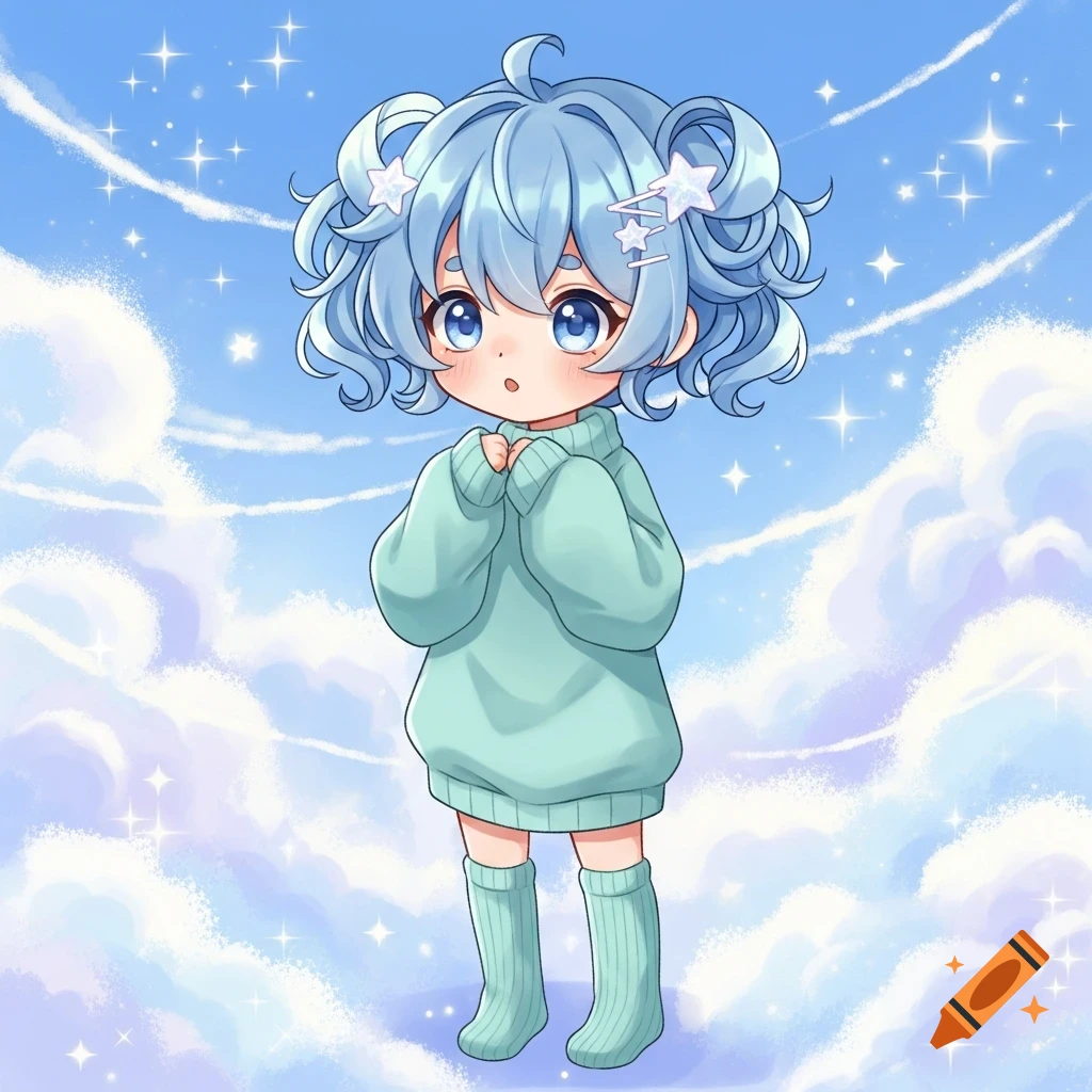 A cute, chibi anime girl with light blue hair in pigtails, wearing a ...