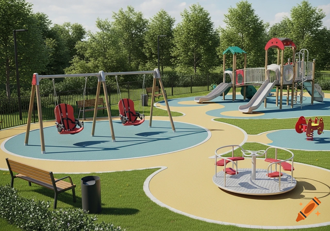 A vibrant, accessible playground with swings for children with disabilities, slides, a merry-go-round, benches, and green grass.