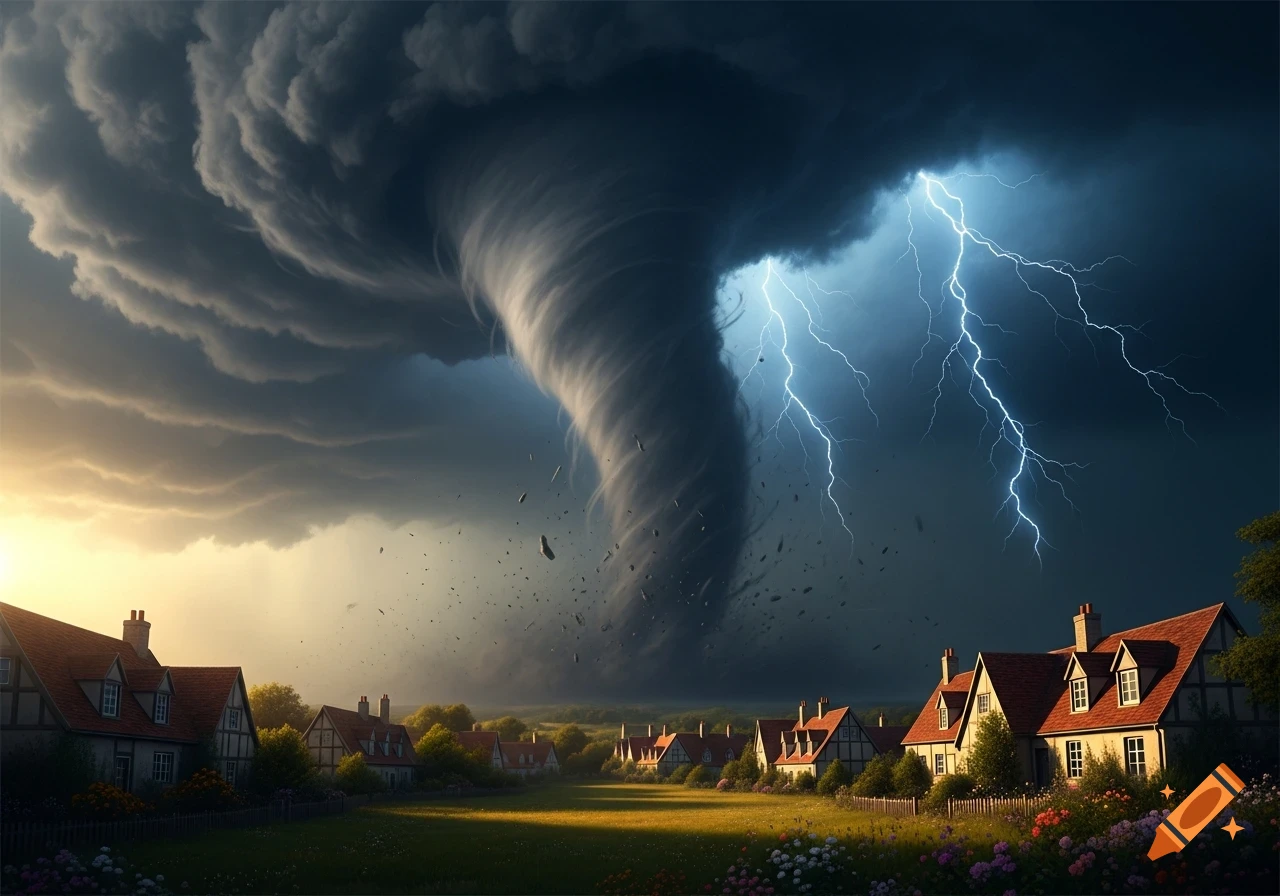 A massive, dark tornado descends from stormy clouds with bright lightning strikes over a peaceful village with houses and green fields.