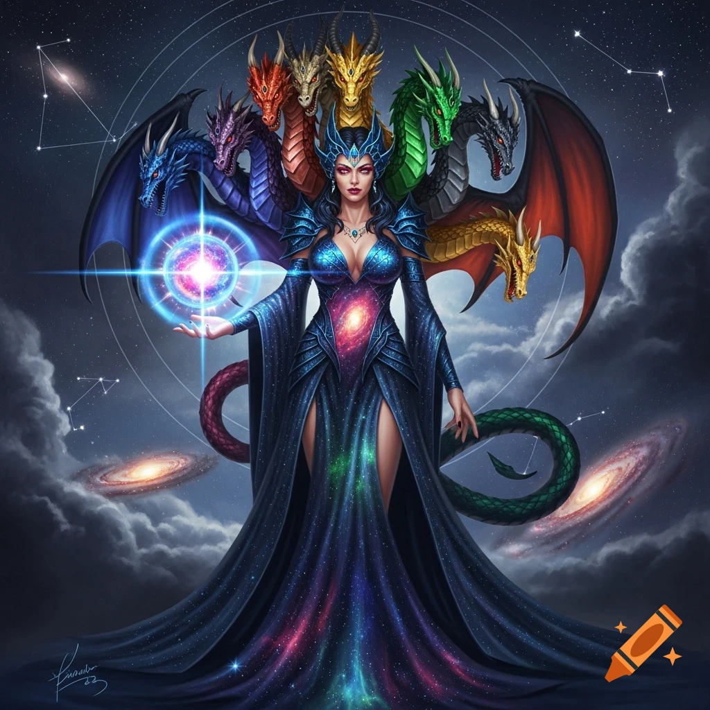 A humanoid woman with multiple dragon heads emerges from a cosmic dress, holding a glowing orb in a starry galaxy.