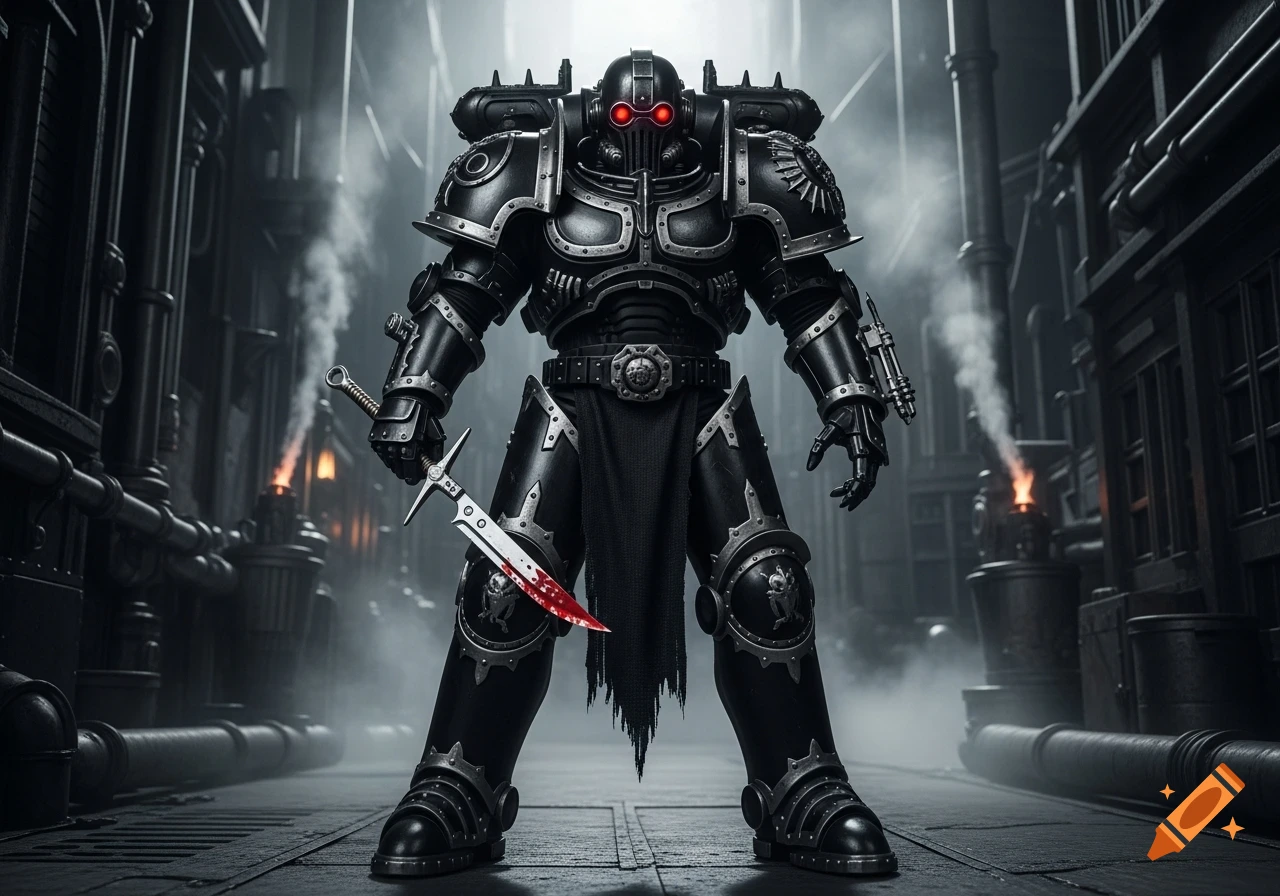 A heavily armored figure in black power armor with glowing red eyes holds a bloody dagger in a dark, foggy industrial setting.