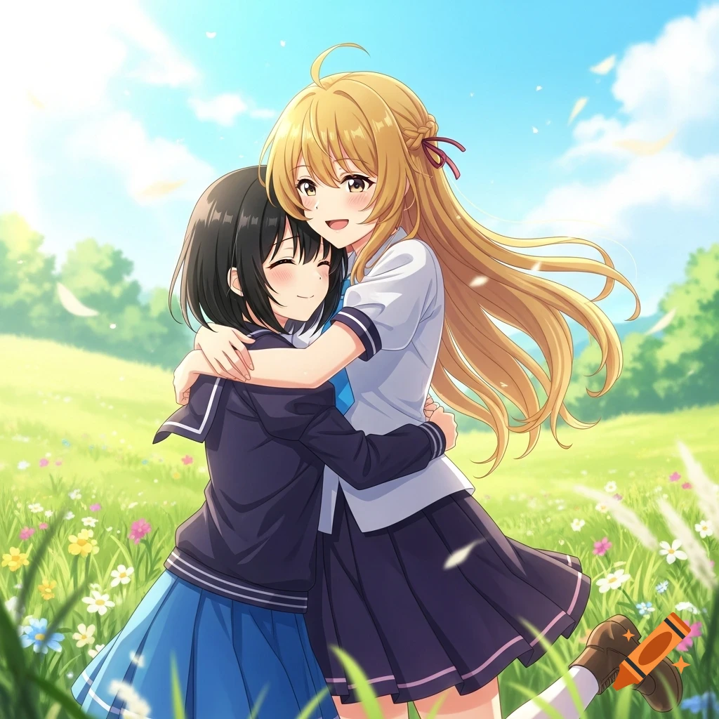 Two smiling anime girls hug in a sunny, flower-filled field.
