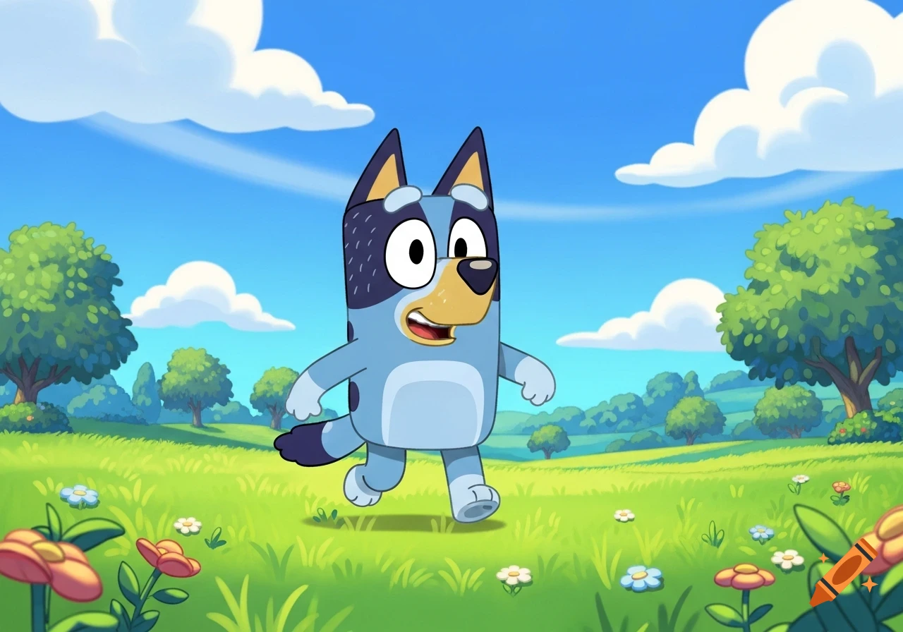 Bluey, a blue cartoon dog, runs through a vibrant green field with flowers under a blue sky and white clouds.