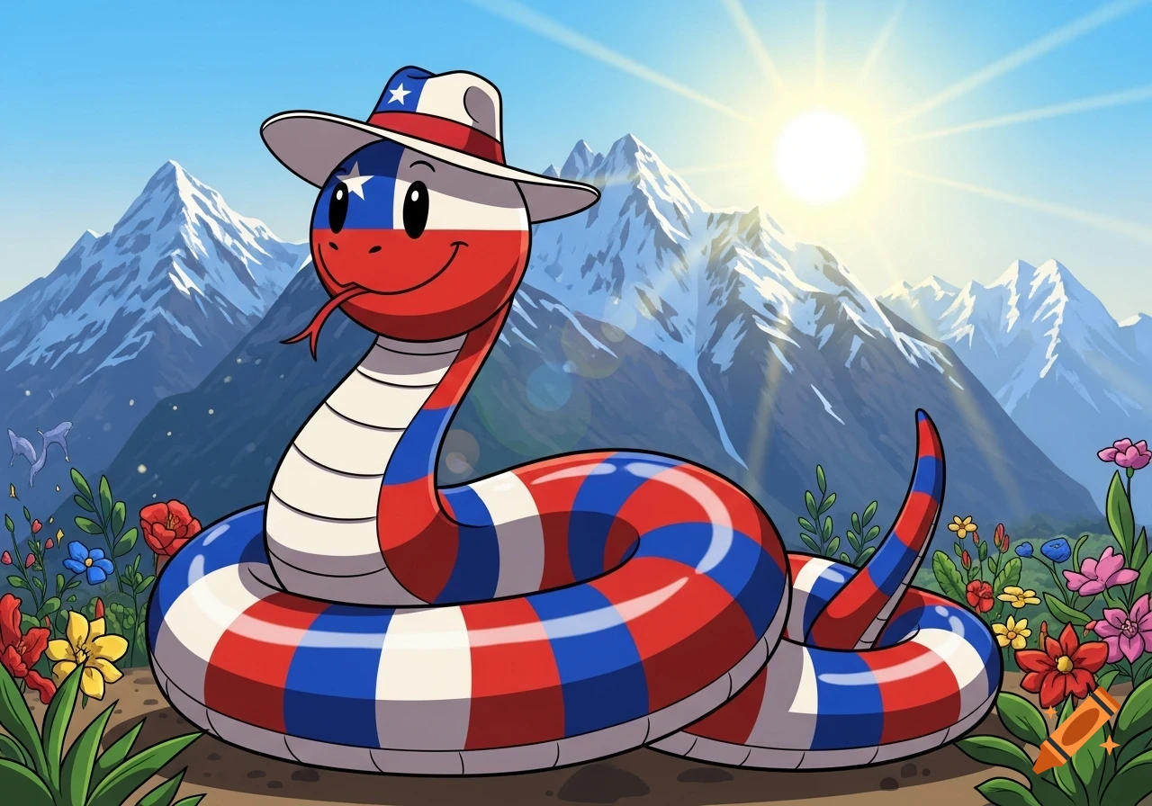 Cartoon snake with Chilean flag pattern and hat, set against snowy mountains and wildflowers under a sunny sky.
