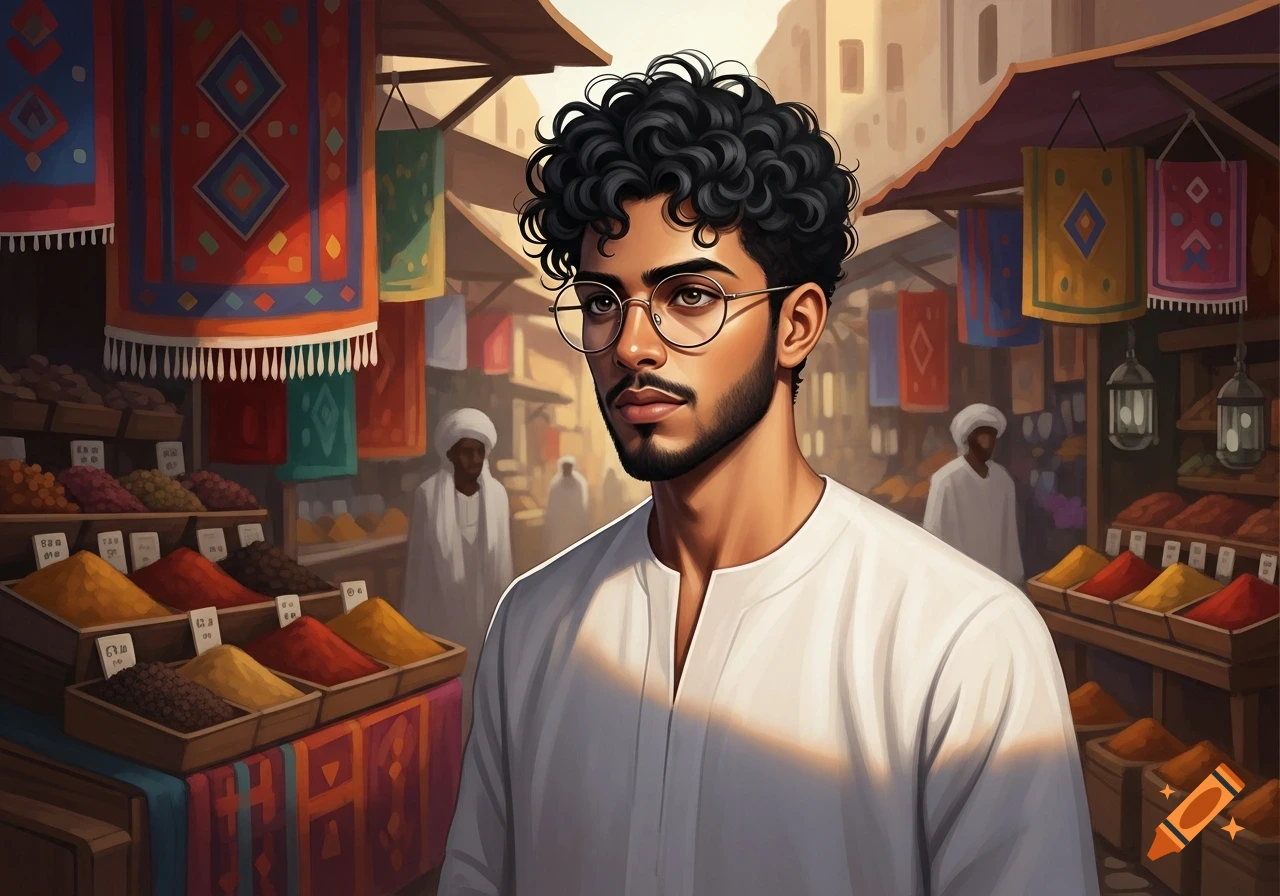 Young Arabic man with curly hair and glasses in a vibrant market with spice stalls and colorful rugs, in an illustrated style.