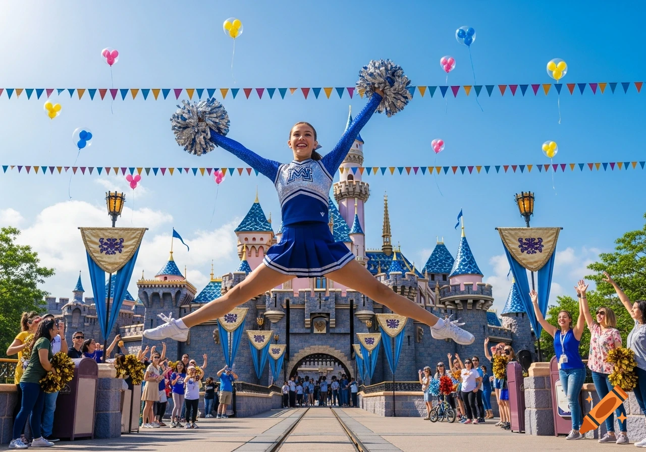 A young cheerleader jumps high with pom-poms in front of Disneyland's Sleeping Beauty Castle, with balloons and onlookers.