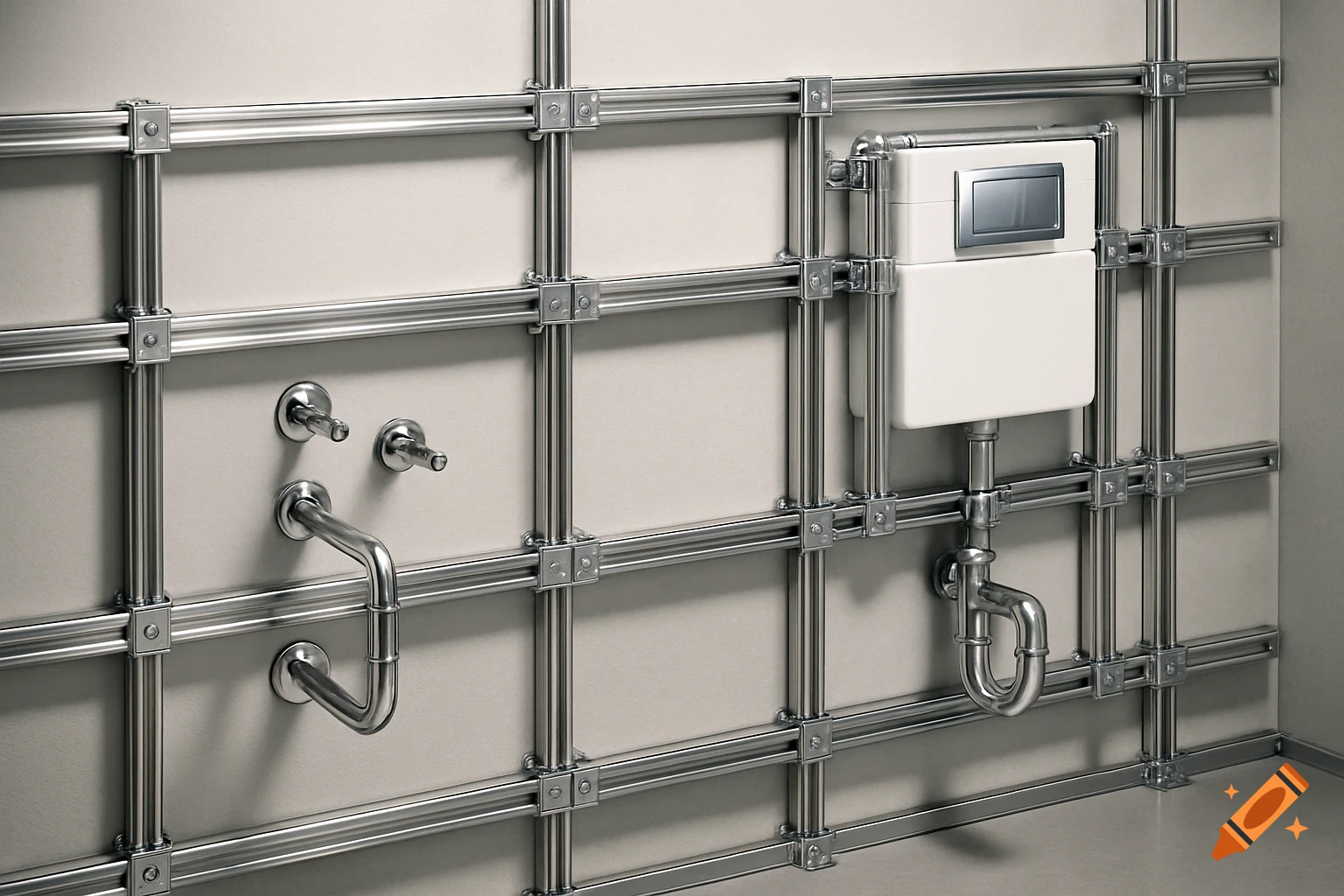 Photorealistic image of a modular rail system holding plumbing pipes and a toilet cistern against a light wall.