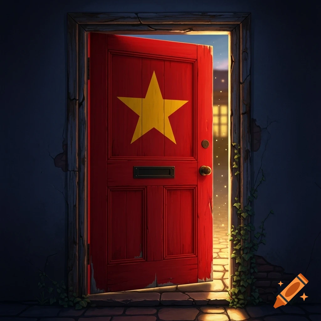 A red wooden door with a large yellow star is slightly ajar, revealing a glowing, sparkling outdoor pathway. Ivy grows on the dark, cracked frame.