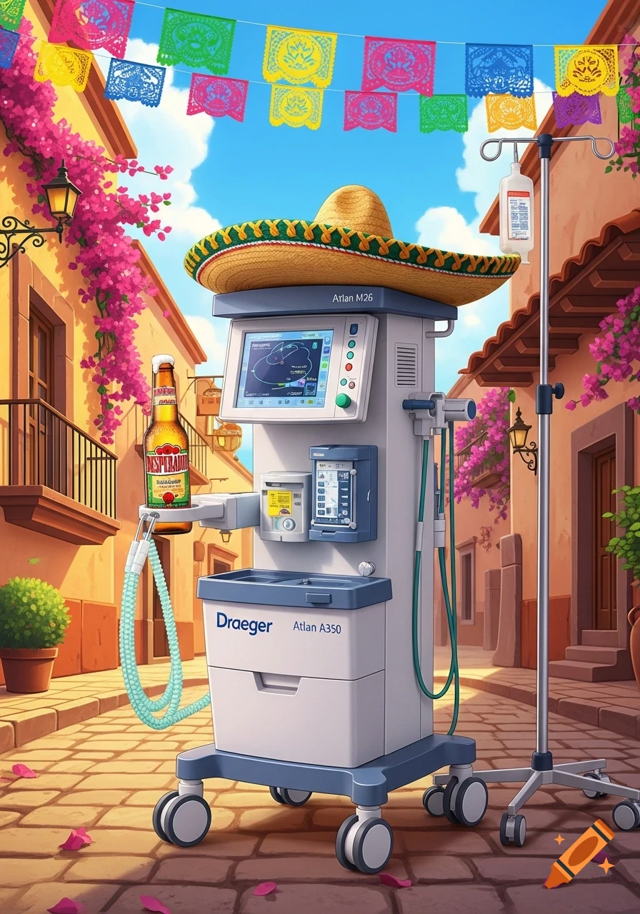 A cartoon illustration of a Draeger Atlan A350 anesthesia machine wearing a sombrero in a sunny Mexican village with festive flags. It holds a Desperados beer bottle.
