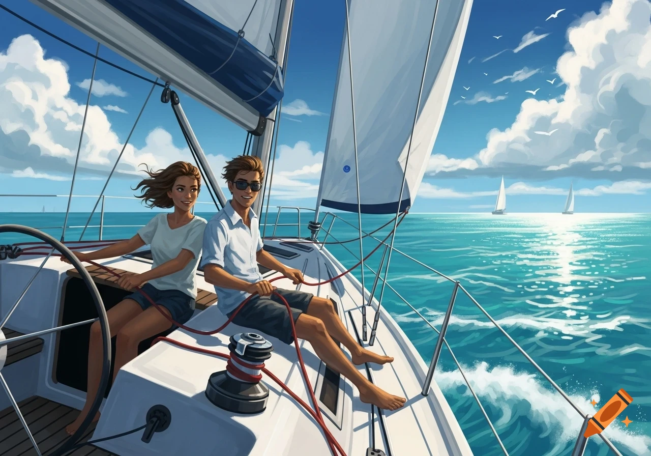 Illustration of a young couple on a sailboat under a bright blue sky, with other sailboats in the distance.