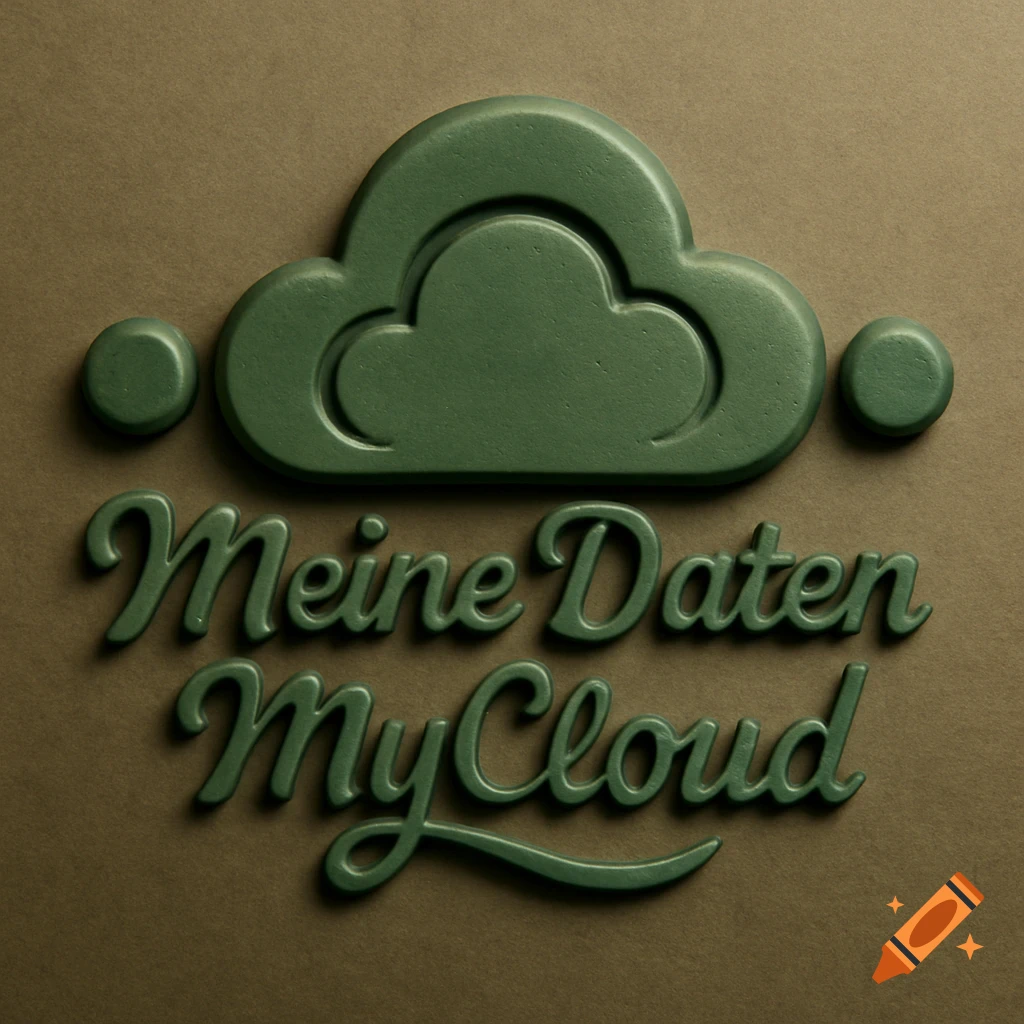 A 3D embossed logo of a green cloud with "Meine Daten MyCloud" in a script font on a brown background.