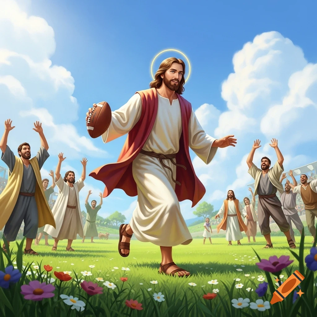 Jesus, with a halo, runs across a grassy field holding a football, cheered by a crowd under a sunny blue sky in a vibrant illustration.
