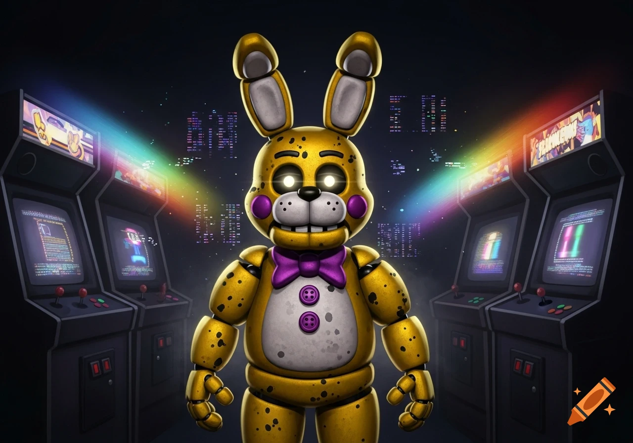 A yellow animatronic rabbit with glowing white eyes and a purple bowtie stands in a dark arcade, flanked by glowing, glitchy game machines.